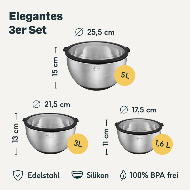 Edelstahlschüsseln mit Deckel - 3er Set