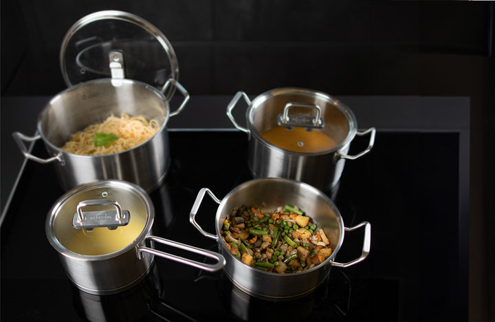 Kochtopfset aus Edelstahl zum Kochen, Dämpfen, Dünsten und Garen auf allen Herdarten inklusive Induktion
