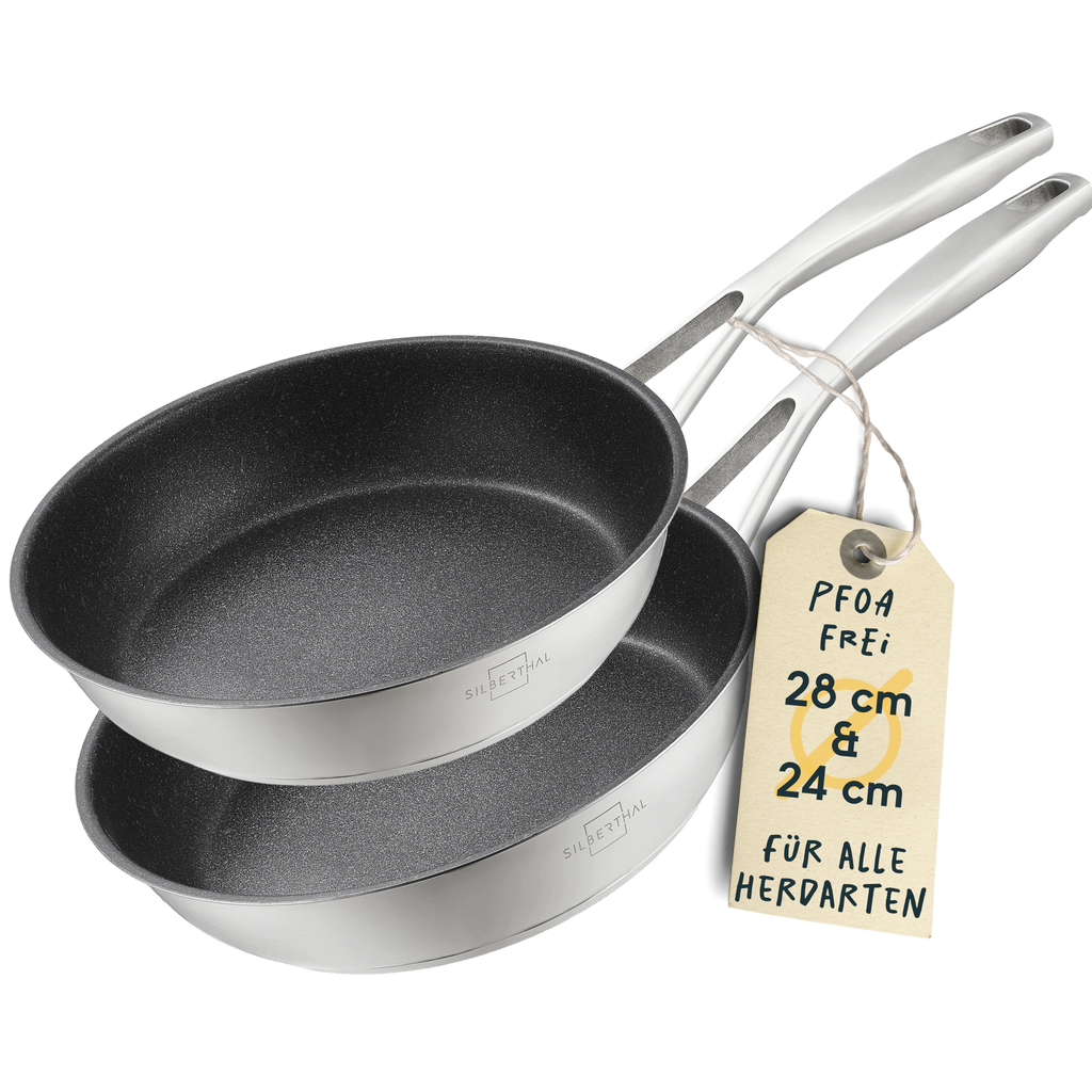 SILBERTHAL Bratpfanne 2er Set 24 & 28 cm, beschichtet, Induktion, Edelstahl (2-tlg), für alle Herdarten, backofenfest