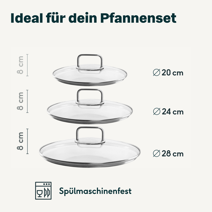 3x Glasdeckel Set (20, 24 & 28 cm)
