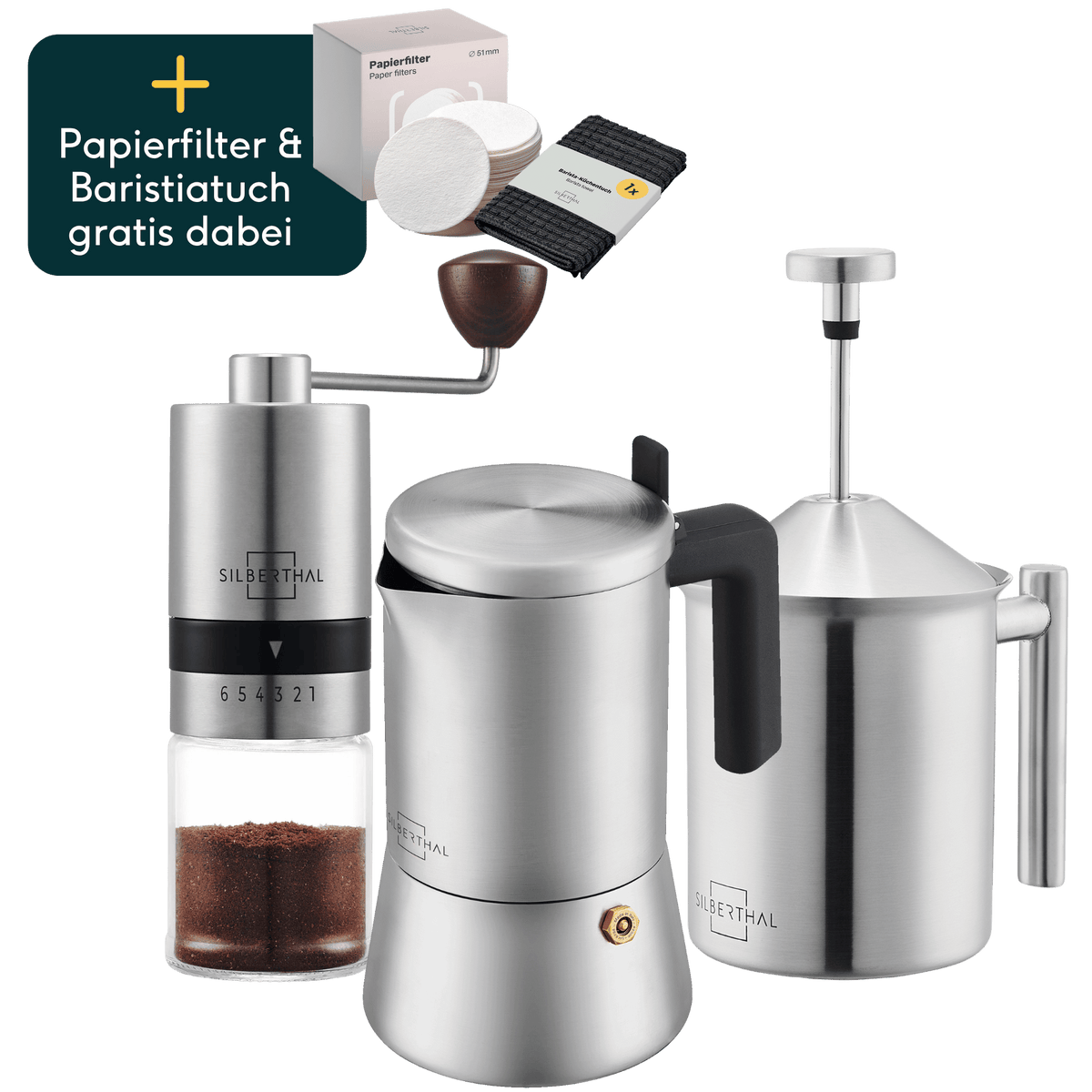 Espressokocher 4 Tassen mit Mühle & Milchaufschäumer