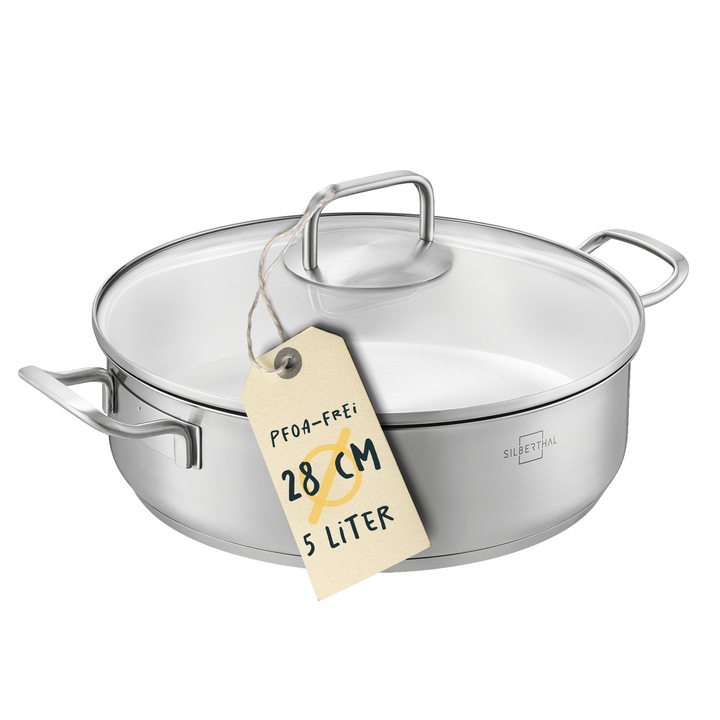 Poêle à Service SSW Avec Couvercle Verre 24cm - Acier Inoxydable Anti-Adhésif