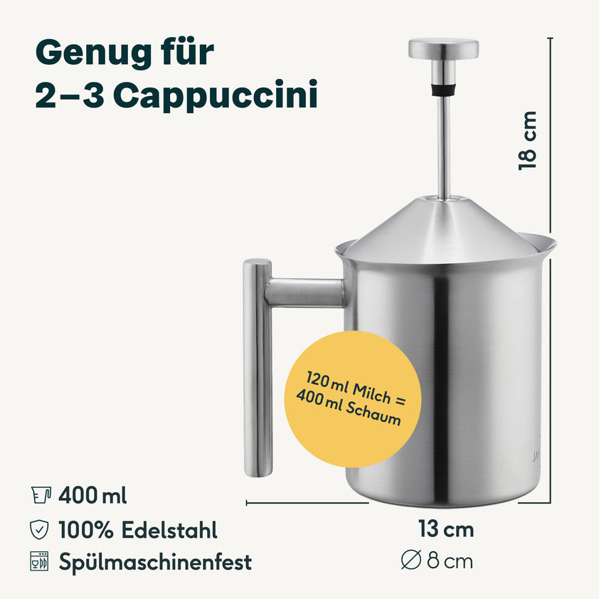 TNOMSNO Milchaufschäumer Manuell – 400 Ml Edelstahl, Doppeltes Sieb Für Cremigen Milchschaum, Inkl. Ziehnadel Für Latte Art, Kaffee-Zubehör Für Zuhause Handbetriebener Milk Frother