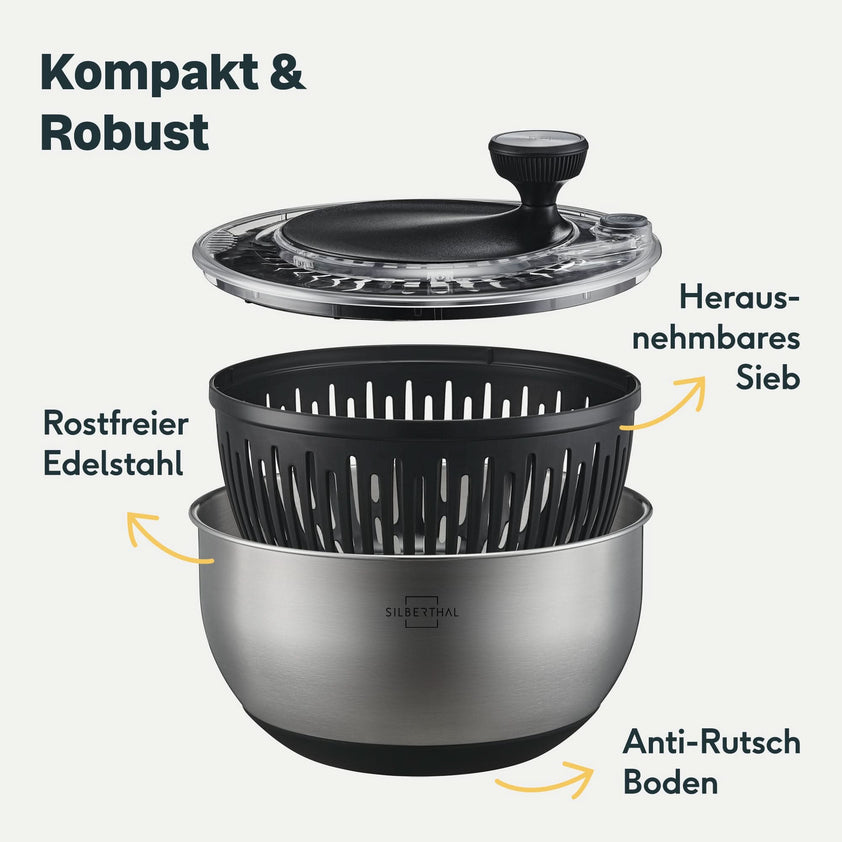 Salatschleuder Edelstahl 6L - Gemüsewascher Mit PP-Deckel Für Salate, Obst & Nudeln