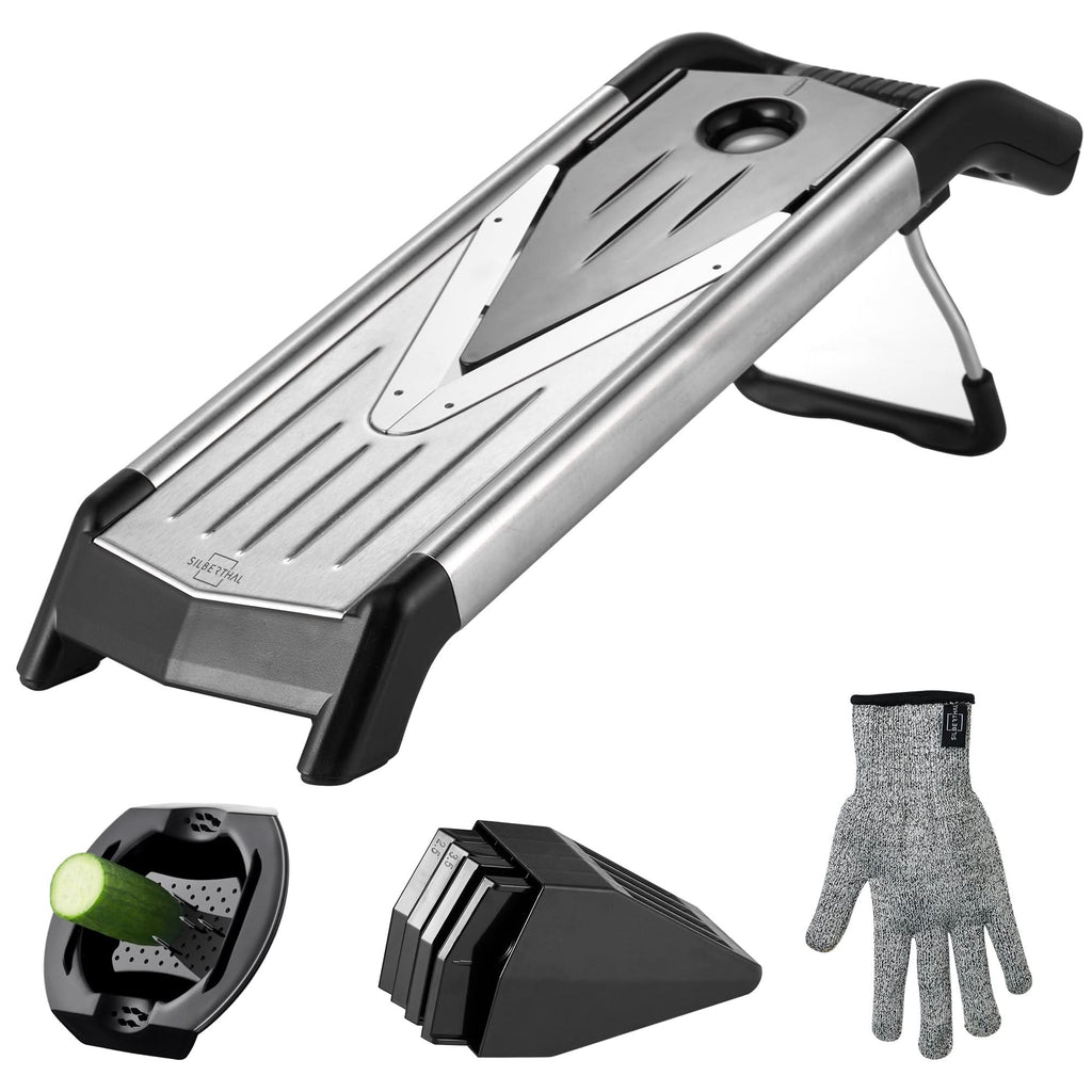 SILBERTHAL Gemüsehobel V-Hobel mit Einsätzen, extra scharfe Klingen, Edelstahl, Kunststoff, mit Sicherheitshandschuh, Klingenaufbewahrung