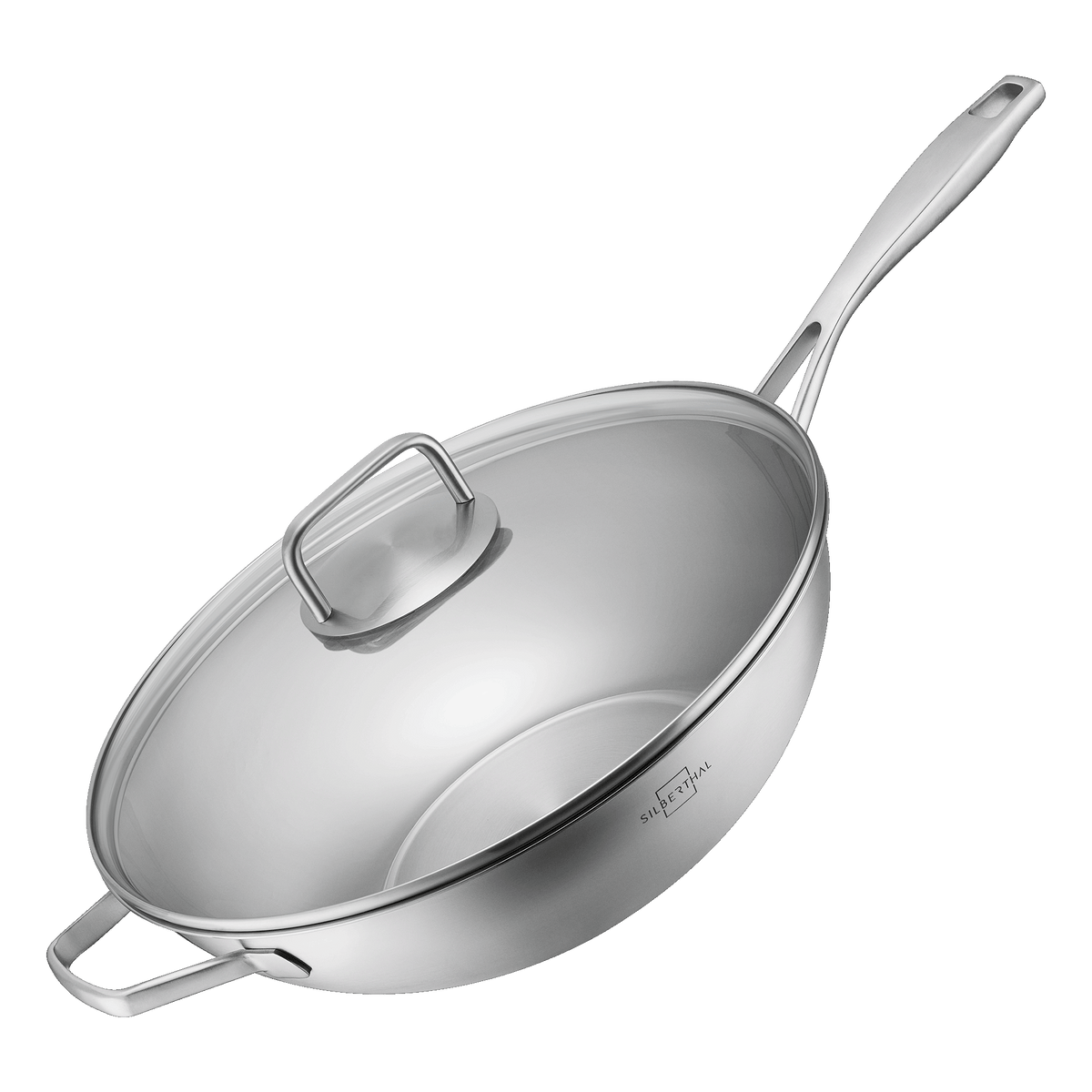 Wok 32 cm unbeschichtet aus Edelstahl mit Glasdeckel als Set
