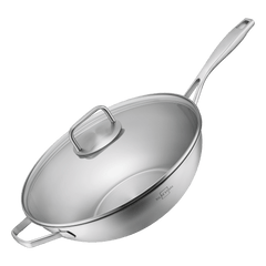 Wok 32 cm unbeschichtet aus Edelstahl mit Glasdeckel als Set