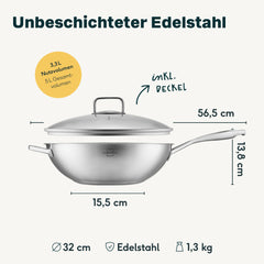 Maße Wok 32 cm mit Glasdeckel: 56,5 cm breit, 13,8 cm hoch, Boden Ø 15,5 cm, 3,3 l Nutzvolumen