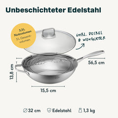 Maße Wok 32 cm Set mit Glasdeckel und Abtropfgitter: 56,5 cm breit, 13,8 cm hoch, Boden Ø 15,5 cm