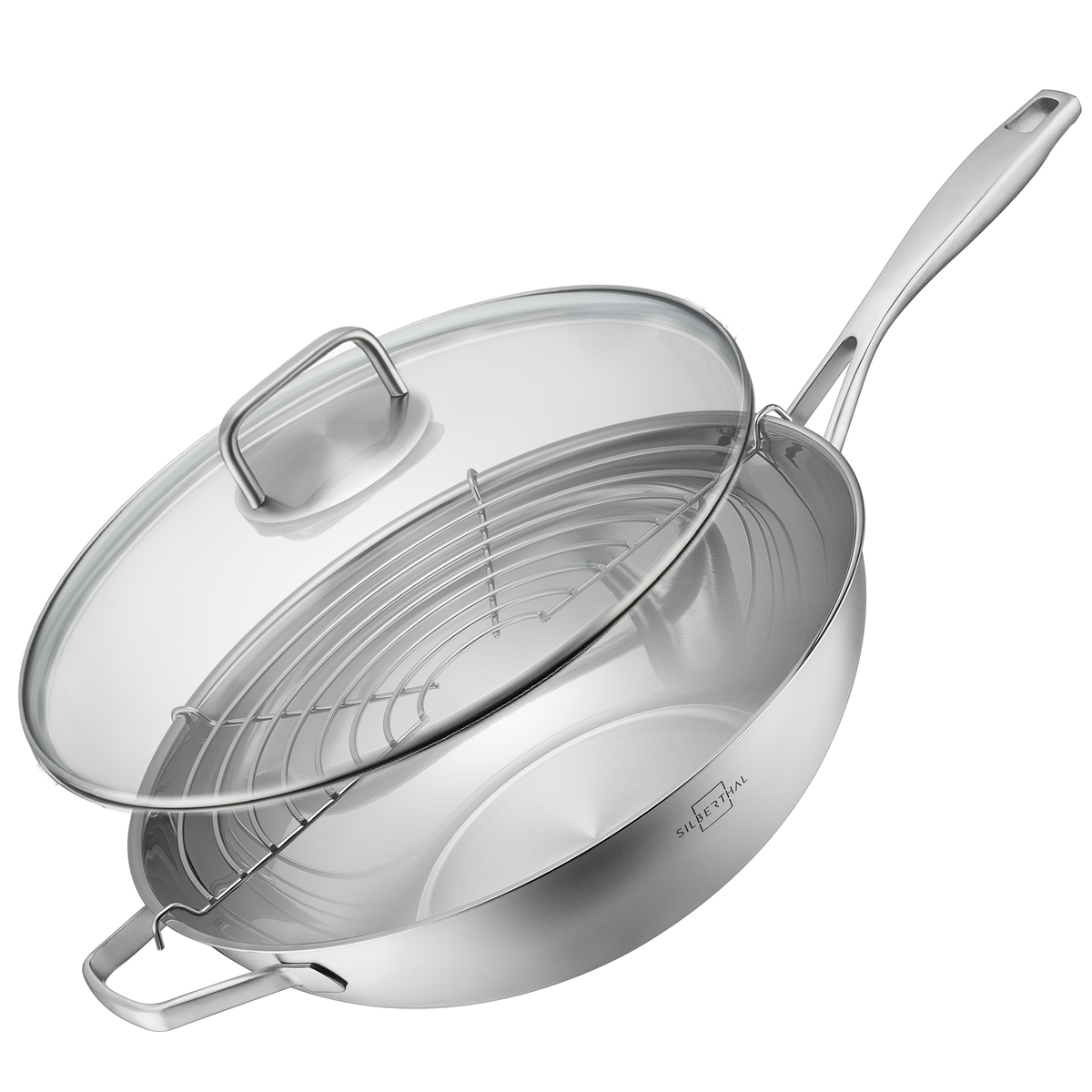 Wok 32 cm Set 3-teilig mit Glasdeckel und Abtropfgitter aus Edelstahl