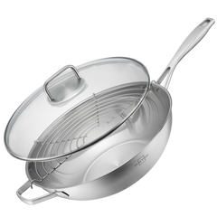 Wok 32 cm Set 3-teilig mit Glasdeckel und Abtropfgitter aus Edelstahl