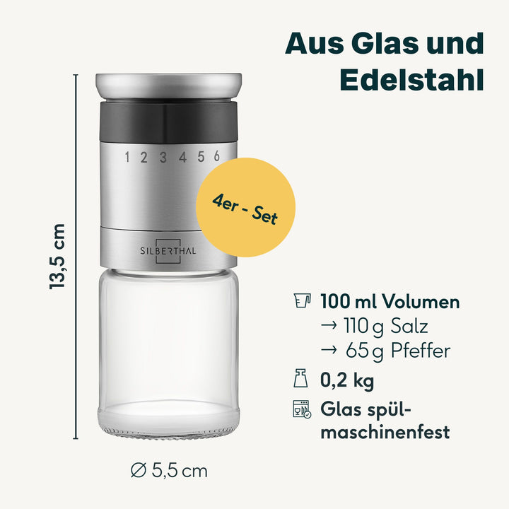 Salz und Peffermühle mit Einstellring 4er Set