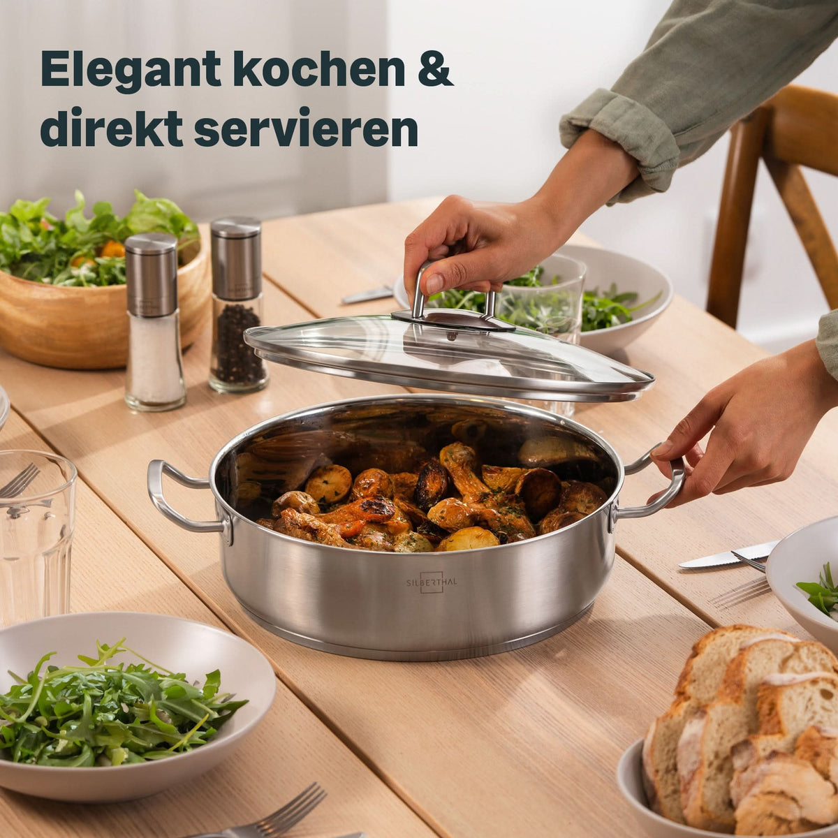Servierpfanne Edelstahl Unbeschichtet 28 cm mit Deckel