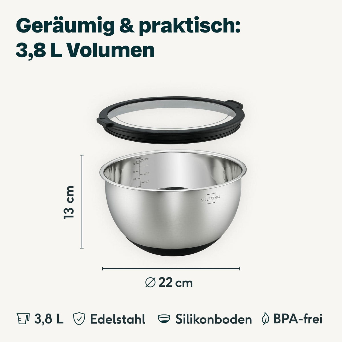 Edelstahlschüssel 3,8 Liter (Ø 22 cm)