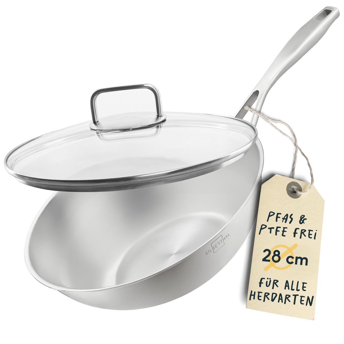 Wok 28 cm unbeschichtet aus Edelstahl mit Glasdeckel als Set