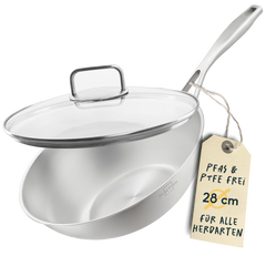 Wok 28 cm unbeschichtet aus Edelstahl mit Glasdeckel als Set