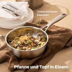 Sauteuse 20 cm mit Pilz-Pasta auf dem Tisch, Pfanne und Topf in einem