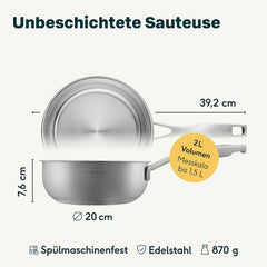 Maße Sauteuse 20 cm: 39,2 cm lang mit Stiel, 7 cm Randhöhe, 1,1 l Nutzinhalt