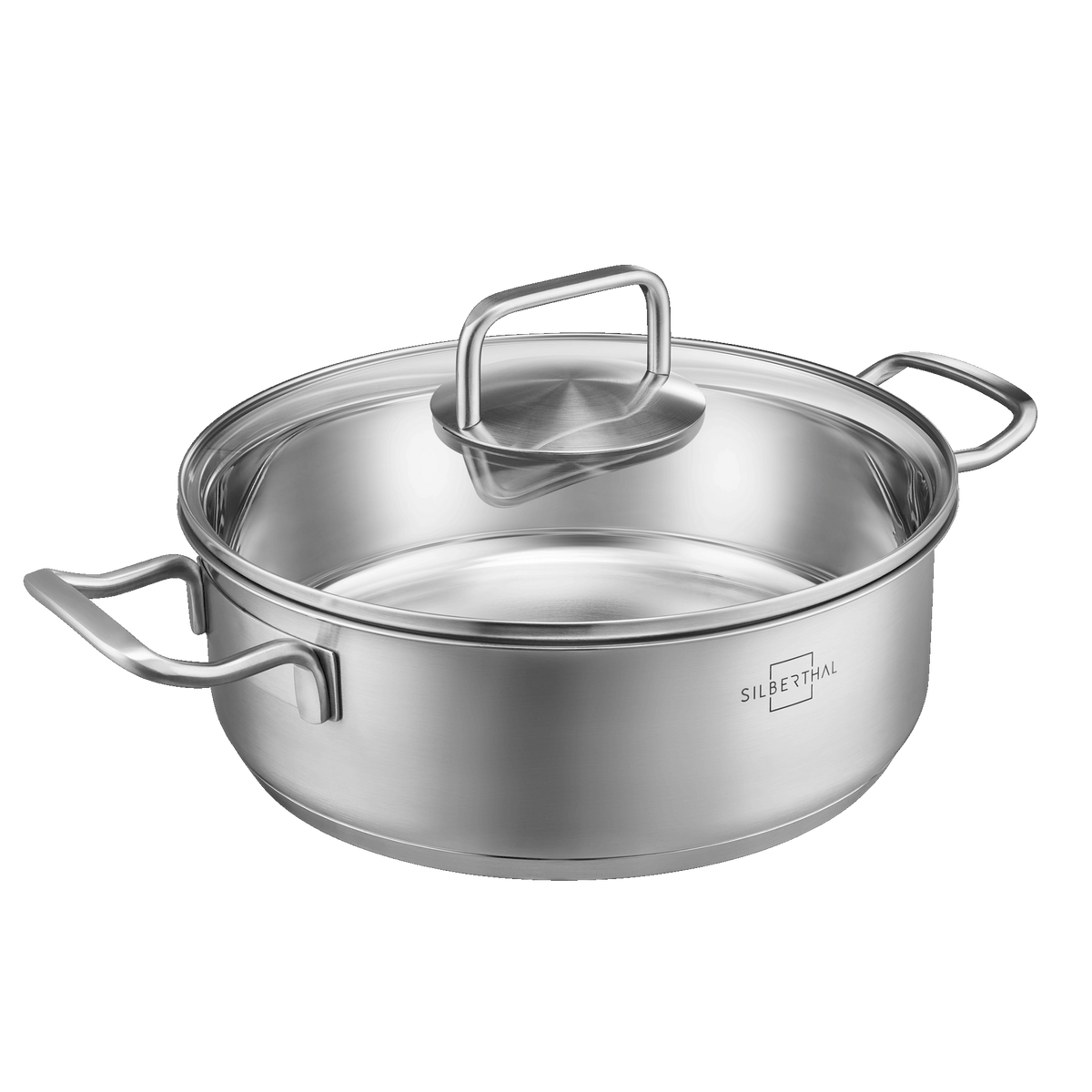 Servierpfanne 24 cm aus unbeschichtetem Edelstahl mit Glasdeckel und zwei Seitengriffen