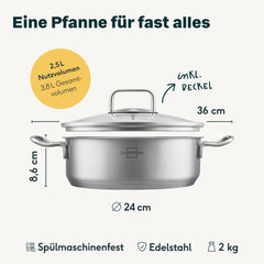 Maße Servierpfanne 24 cm mit Deckel: 36 cm breit mit Griffen, 8,6 cm Randhöhe, ca. 2 kg