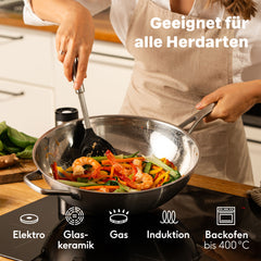 Wok 32 cm auf dem Herd, geeignet für Elektro, Glaskeramik, Gas, Induktion und Backofen bis 400 °C