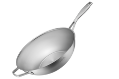 Wok 32 cm unbeschichtet aus Edelstahl mit Stielgriff und Gegengriff