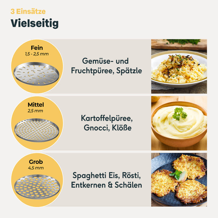 Kartoffelpresse aus Edelstahl mit 3 Einsätzen - Für Kartoffeln, Spaghetti-Eis und Klöße
