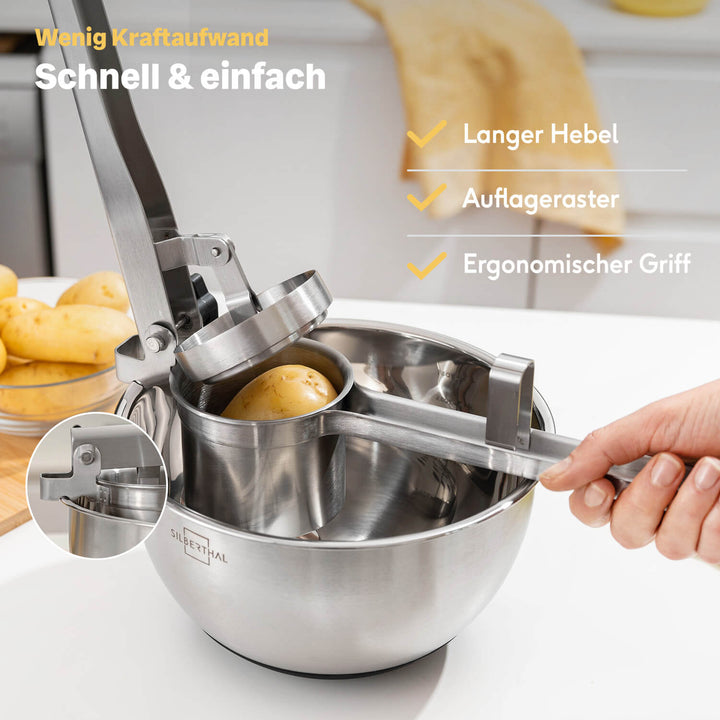 Kartoffelpresse aus Edelstahl mit 3 Einsätzen - Für Kartoffeln, Spaghetti-Eis und Klöße