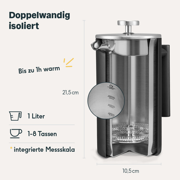 French Press Doppelwandig - Aufschnitt. Fokus auf das Volumen 1 Liter, für 1-8 Tassen und die integrierte Messskala.