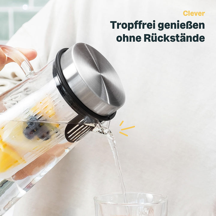 Glaskaraffe 2 Liter mit Deckel - Hitzebeständig - Fruchteinsatz - Spülmaschinenfest