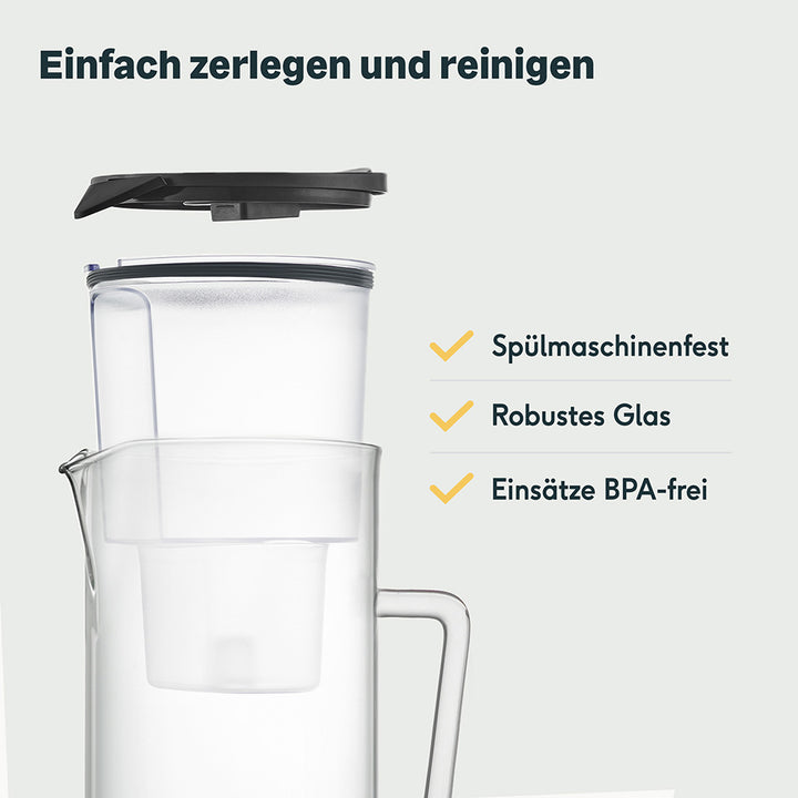 Wasserfilterkanne aus Glas für 2,7 Liter bestes Trinkwasser - ohne Kartusche