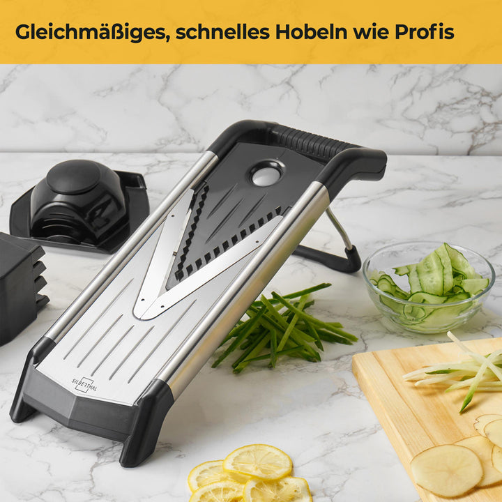 V-Hobel aus Edelstahl - 5 Einsätze für Julienne & feine Scheiben - Verstellbar - mit Fingerschutz