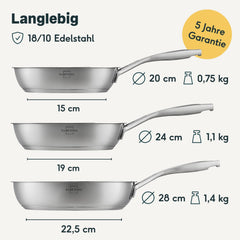 Maßzeichnung Edelstahlpfannen 20, 24 und 28 cm: 0,75, 1,1 und 1,4 kg, Boden 15, 19 und 22,5 cm.