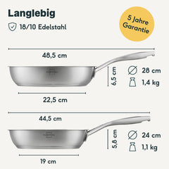 Maßzeichnung Edelstahlpfannen 28 und 24 cm: Länge 48,5 und 44,5 cm, Höhe 6,5 und 5,8 cm, 1,4 und 1,1 kg.