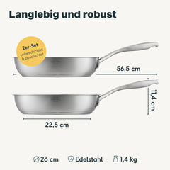 Maßgrafik Pfannen Kombi Set beschichtet und unbeschichtet: Ø 28 cm, Boden 22,5 cm, Edelstahl, je 1,4 kg.