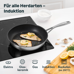 Beschichtete Pfanne 28 cm mit Fischfilets auf dem Induktionsfeld, Text: Für alle Herdarten, Backofen bis 250 °C.
