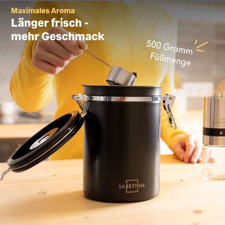 Luftdichte Kaffeedose 500g aus Edelstahl mit Aromaventil für volles Aroma