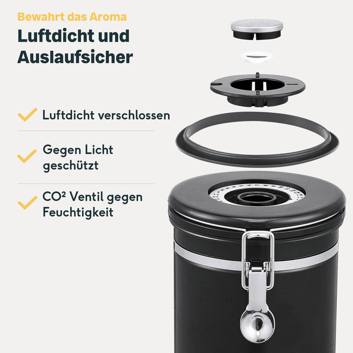 Luftdichte Kaffeedose 500g aus Edelstahl mit Aromaventil für volles Aroma