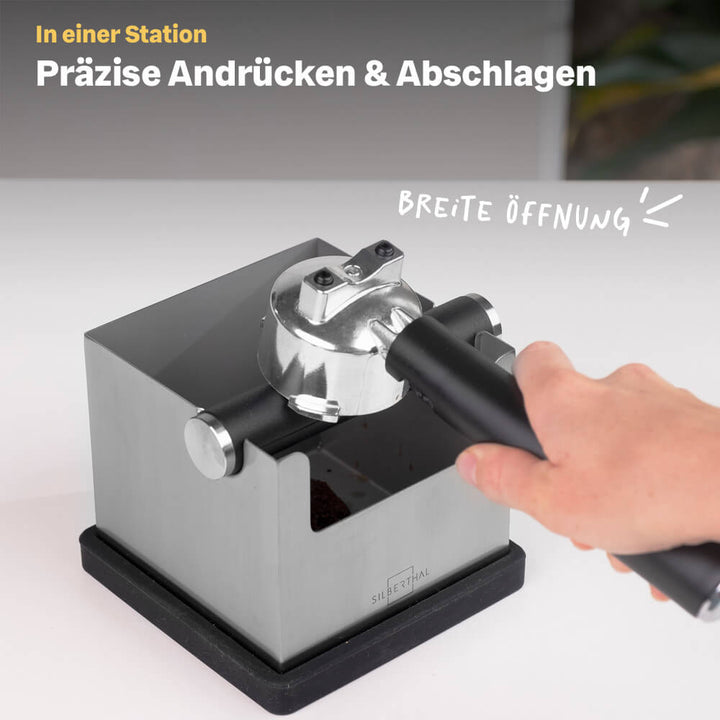 Abklopfbehälter für Siebträger mit integrierter Temperstation