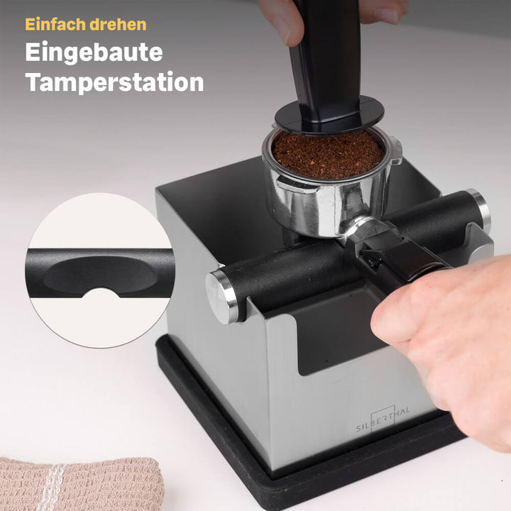 Abklopfbehälter für Siebträger mit integrierter Temperstation