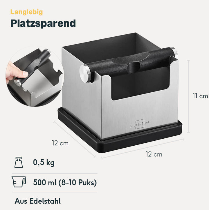 Abklopfbehälter für Siebträger mit integrierter Temperstation
