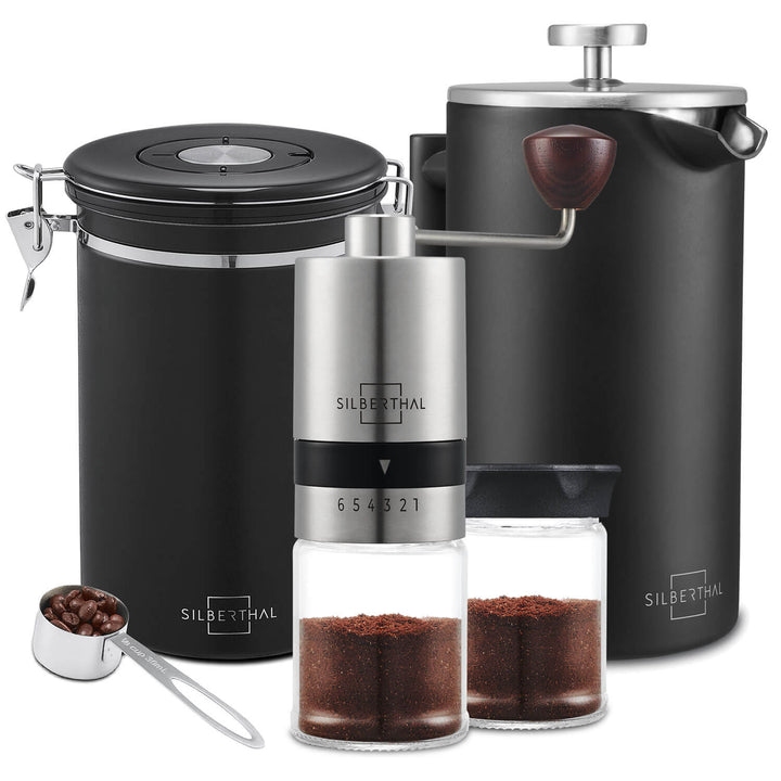 French Press Set mit manueller Kaffeemühle und Kaffeedose