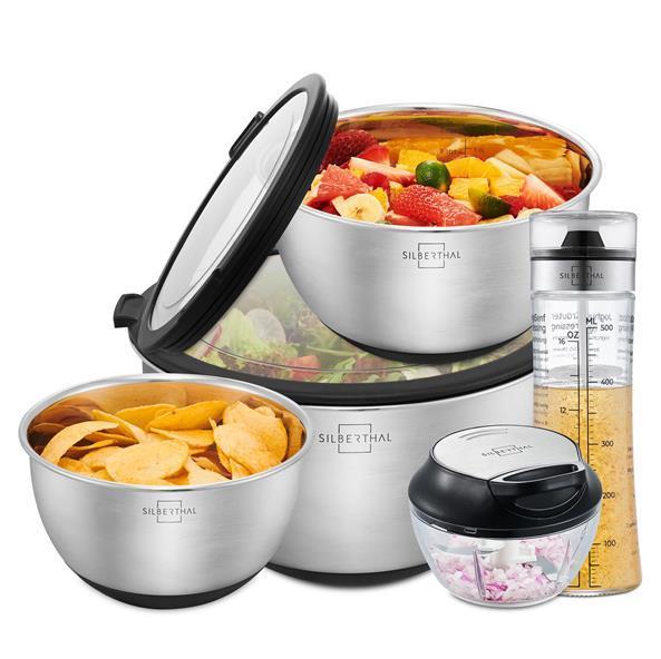 Salat Zubehör Set - Edelstahlschüsseln - Zerkleinerer & Dressing Shaker