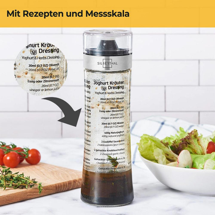 Dressingshaker aus Glas - mit aufgedruckten Rezepten - 500 ml