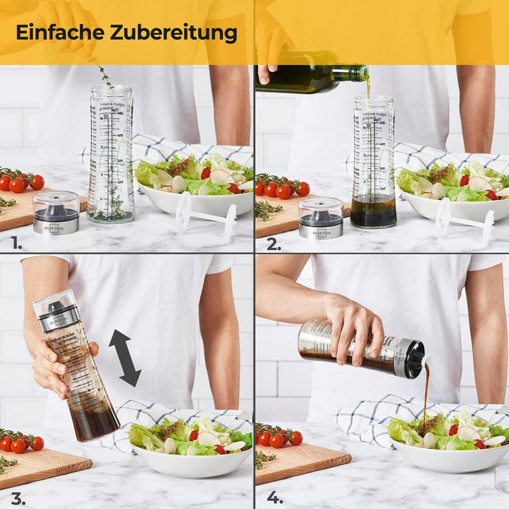 Dressingshaker aus Glas - mit aufgedruckten Rezepten - 500 ml