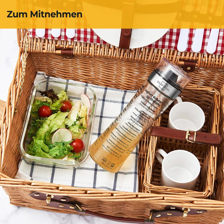 Dressingshaker aus Glas - mit aufgedruckten Rezepten - 500 ml