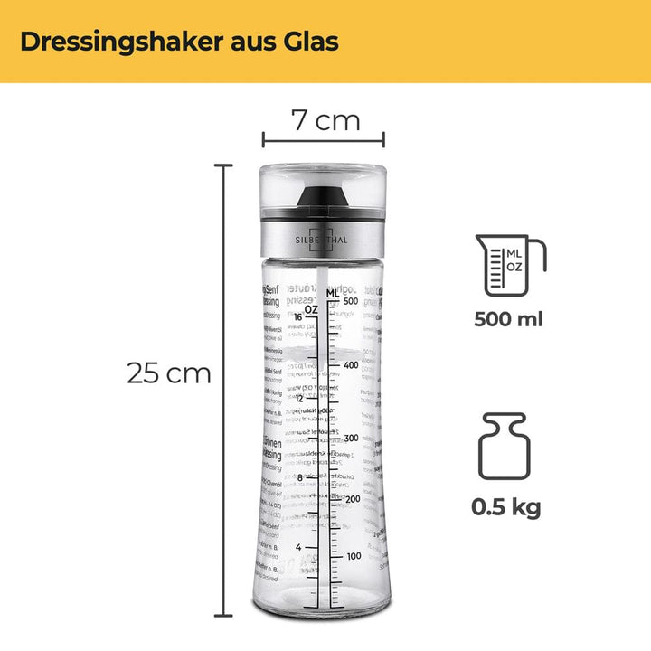 Dressingshaker aus Glas - mit aufgedruckten Rezepten - 500 ml