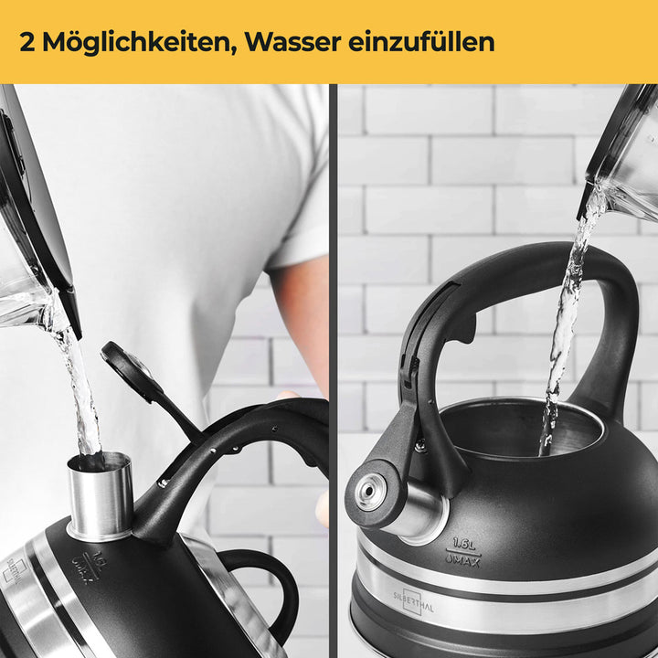 Wasserkessel -  alle Herdarten, auch Induktion - Edelstahl - 1,6 Liter - schwarz