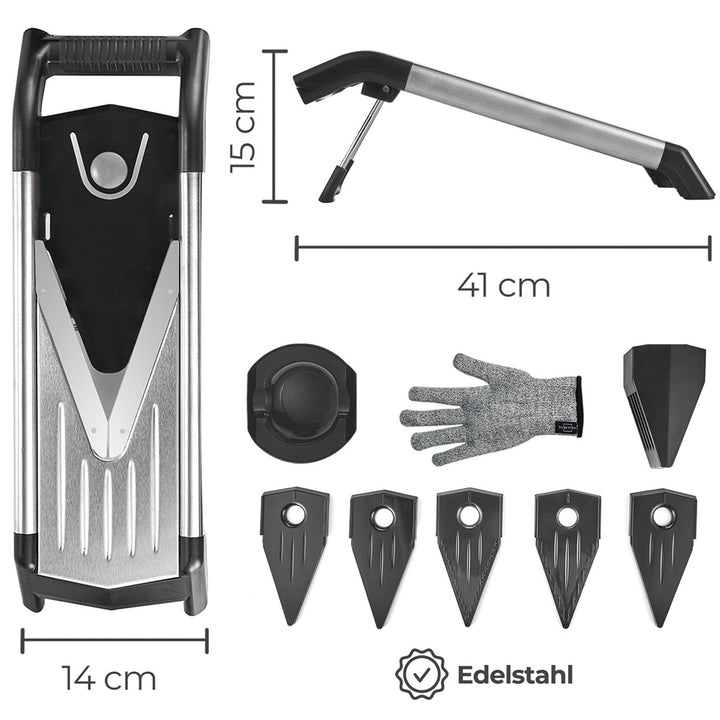 V-Hobel aus Edelstahl - 5 Einsätze für Julienne & feine Scheiben - Verstellbar - mit Fingerschutz
