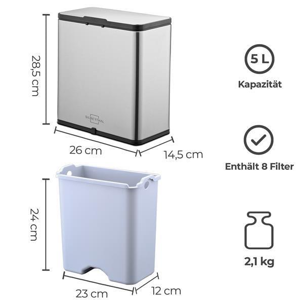 Bio Abfalleimer 5 Liter - Geruchsdicht - Edelstahl - mit Aktivkohlefilter und Deckel